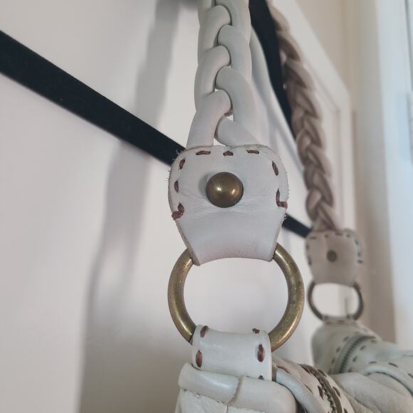 Per Se Butter Soft Leather Shoulder Bag Ivory Taupe Braided Handle - Picture 5 of 15